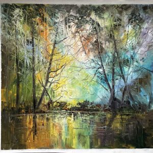 early in the morning in the autumnal forest, 87 x 87 cm (2023) oil on canvas