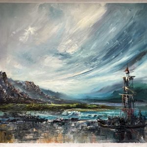 The weary sailing boat, 87 x 87 cm (2023) oil on canvas