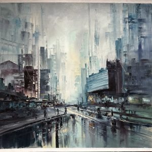 Fresh city after the rain, 87 x 87 cm (2023) oil on canvas