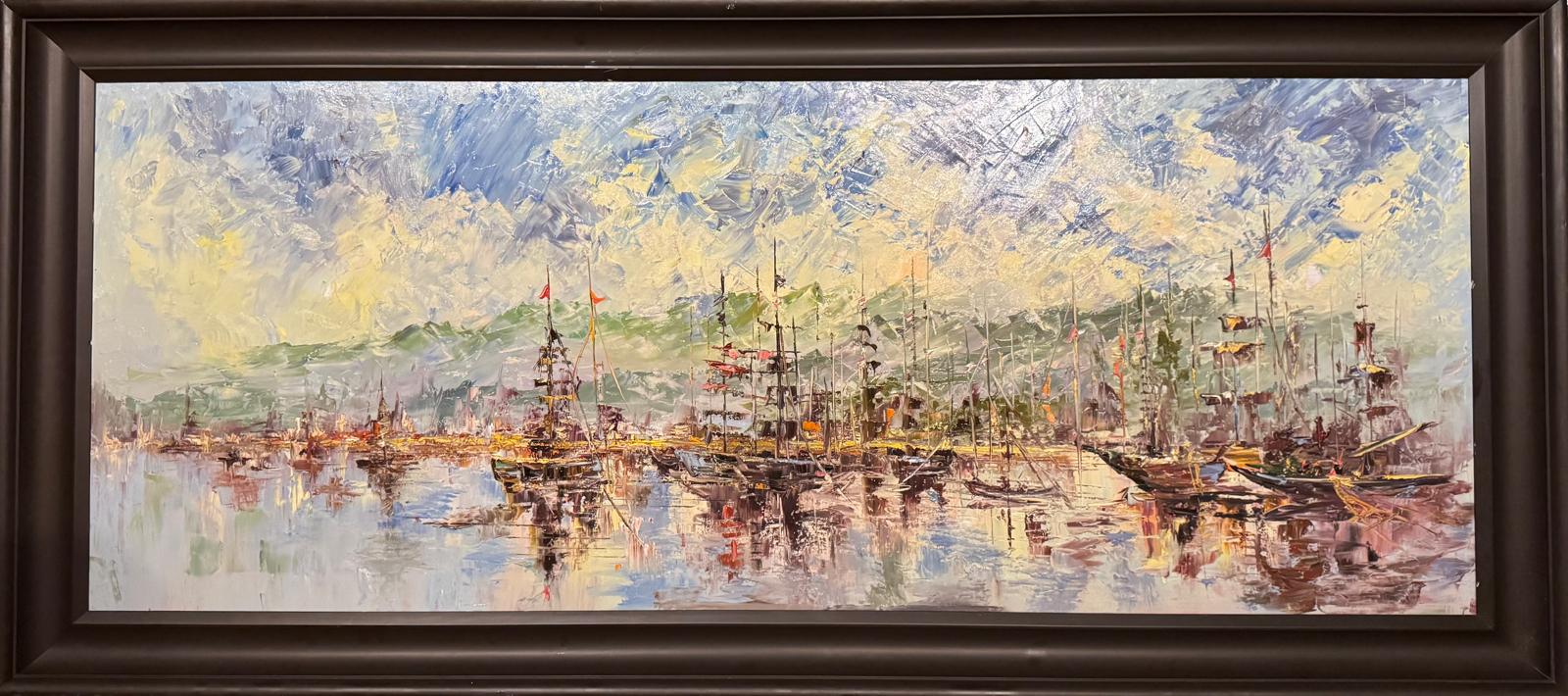 Sailors on Lake Wannsee, 59 x 140 cm (2025), mit Rahmen, oil on canvas